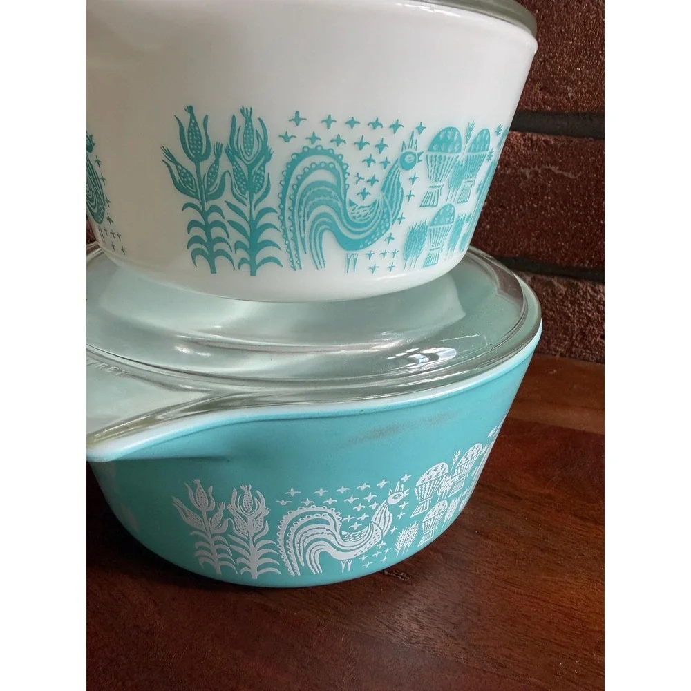 Vintage Pyrex Amish Butterprint Casserole Dishes Set, Turquoise Milk Glass